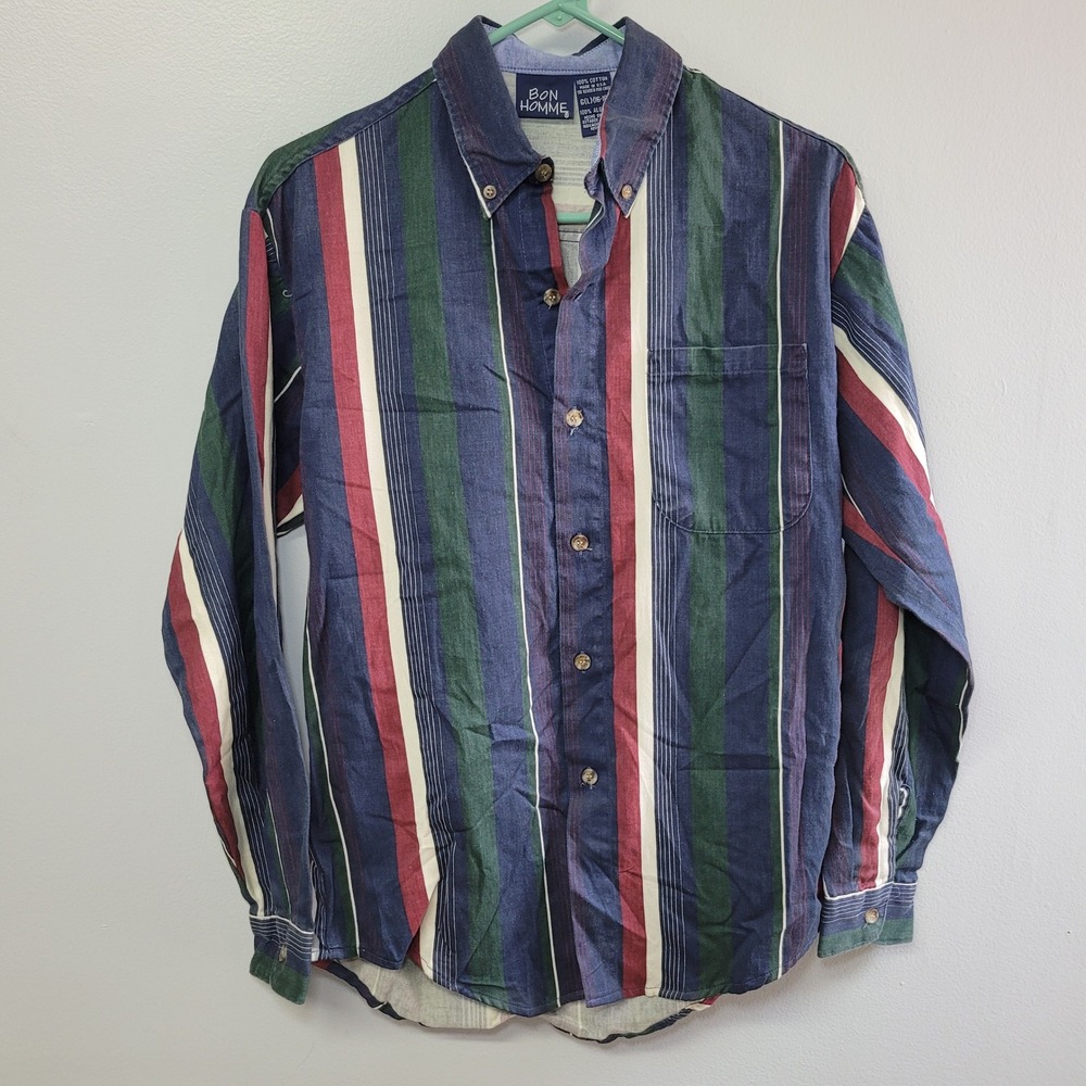 Bon Homme Boys Shirt Vintage Retro Stripe Large 16 18 Button Down Cotton Preppy